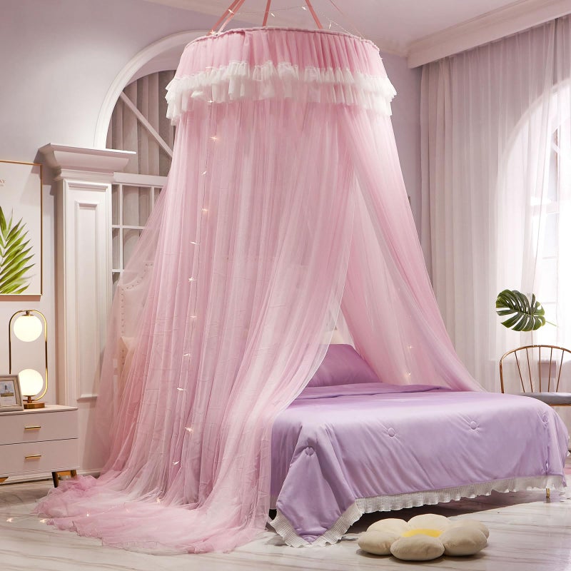 AIKASY Girls and Adults Canopy Bed, Elegant Double-Layer Bed Curtain, Children's Dream Round Lace Mosquito Net, Princess Canopy Net - Fits Twin, Full, Queen, and King Beds (White/Pink) - Image 1