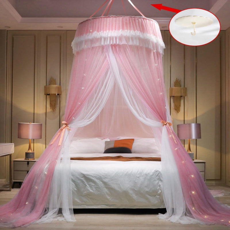 AIKASY Girls and Adults Canopy Bed, Elegant Double-Layer Bed Curtain, Children's Dream Round Lace Mosquito Net, Princess Canopy Net - Fits Twin, Full, Queen, and King Beds (White/Pink) - Image 4