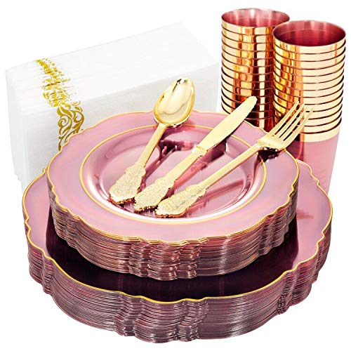 KIRE 210Pcs Clear Pink Plastic Plates with Gold Rim  Disposable Gold Silverware Pink CupsHand Napkin  Plum Colored Plastic Dinnerware for Upscale Wedding  Mothers Day