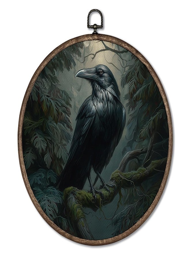 Giosve Dark Academia Moody Raven Round Wall Art Canvas Framed Poster, Dark Cottagecore Gothic Forest Black Crow Hanging Wall Sculptures for Home Bedroom Living Room Decor, 10x10 Inch - Image 1
