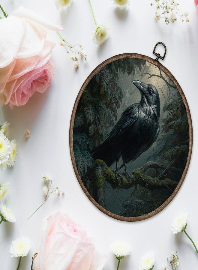 Giosve Dark Academia Moody Raven Round Wall Art Canvas Framed Poster, Dark Cottagecore Gothic Forest Black Crow Hanging Wall Sculptures for Home Bedroom Living Room Decor, 10x10 Inch - Image 3