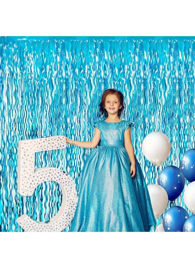 6.4 Ft X 7.8 Ft Metallic Tinsel Foil Fringe Curtains,Pack Of 2 Party Streamer Backdrop For Birthday,Graduation Decorations And New Year Eve (Wavy Light Blue)