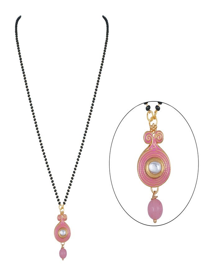 JFL - Jewellery for Less Latest Gold Plated Baby Pink Bead Kundan Meenakari Pendant Mangalsutra for Women.,Valentine - Image 5