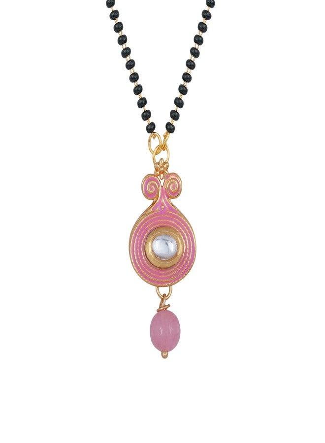 JFL - Jewellery for Less Latest Gold Plated Baby Pink Bead Kundan Meenakari Pendant Mangalsutra for Women.,Valentine - Image 1