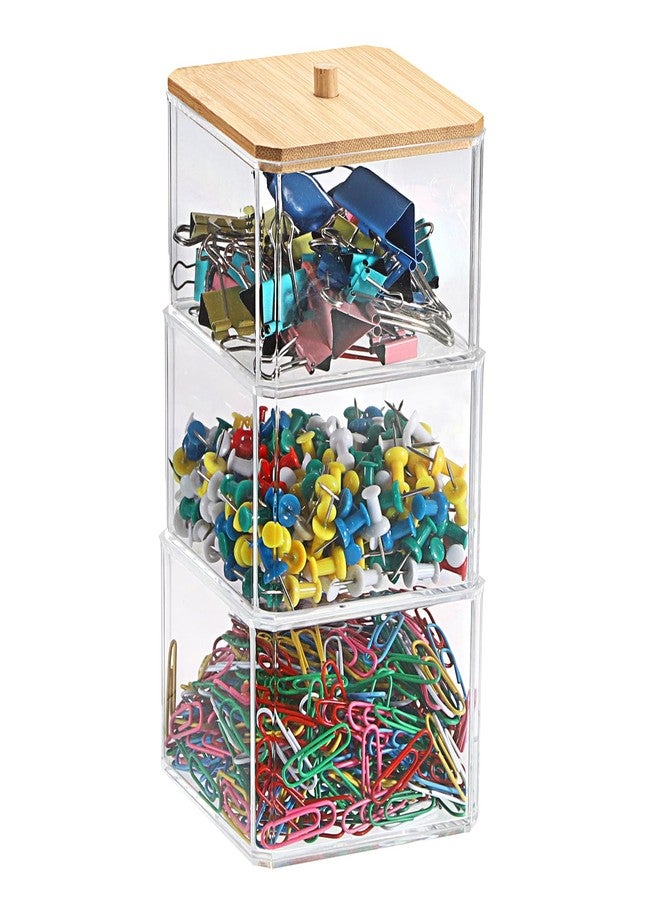 BTSKY Clear Stackable Paper Clip Holder with Bamboo Lid 3-Layer Paperclip Box Thick Acrylic Office Supply Accessory Organizer Square Small Storage Holder Cute Qtip Holder for Office Bathroom Vanity - Image 1