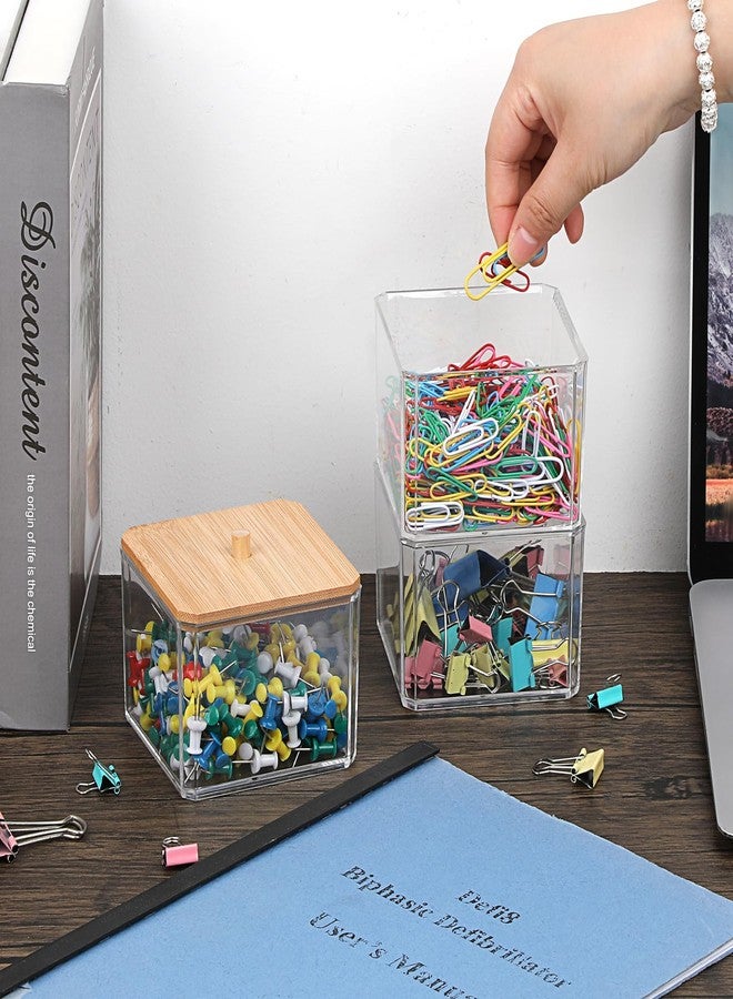 BTSKY Clear Stackable Paper Clip Holder with Bamboo Lid 3-Layer Paperclip Box Thick Acrylic Office Supply Accessory Organizer Square Small Storage Holder Cute Qtip Holder for Office Bathroom Vanity - Image 2