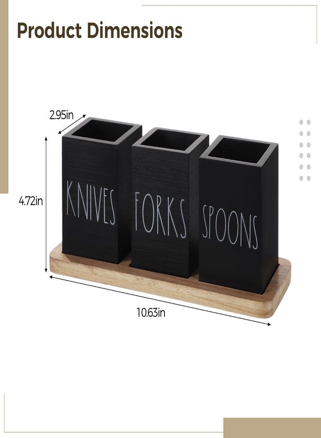 Homaisson Black Wooden Utensil Organizer, 3 Compartment Fork and Spoon Holder, Compact Cutlery Storage Rack for Kitchen, Tabletop Caddy with Minimalist Design, Quality and Space-Saving - Image 4