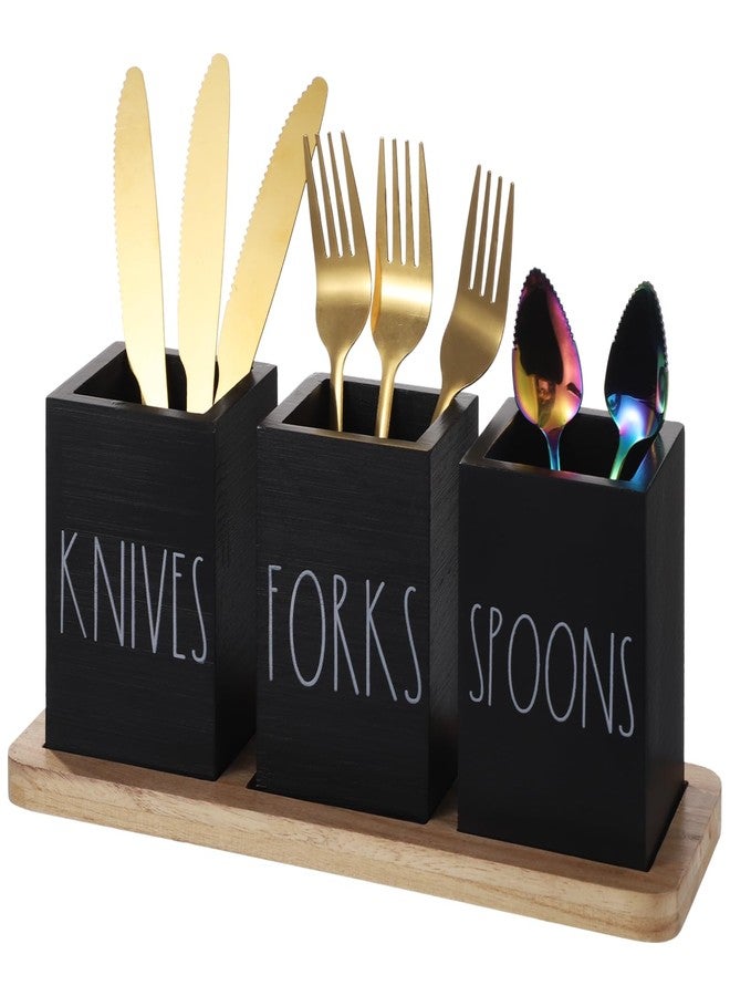 Homaisson Black Wooden Utensil Organizer, 3 Compartment Fork and Spoon Holder, Compact Cutlery Storage Rack for Kitchen, Tabletop Caddy with Minimalist Design, Quality and Space-Saving - Image 1