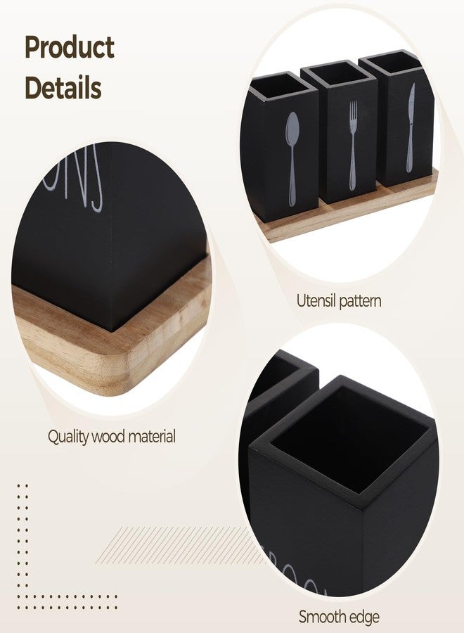 Homaisson Black Wooden Utensil Organizer, 3 Compartment Fork and Spoon Holder, Compact Cutlery Storage Rack for Kitchen, Tabletop Caddy with Minimalist Design, Quality and Space-Saving - Image 3
