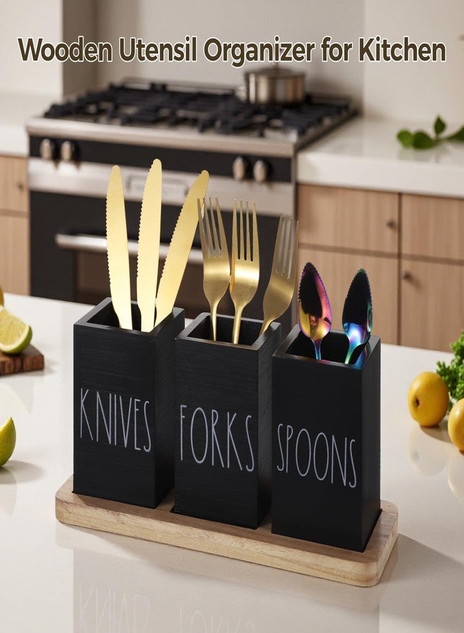 Homaisson Black Wooden Utensil Organizer, 3 Compartment Fork and Spoon Holder, Compact Cutlery Storage Rack for Kitchen, Tabletop Caddy with Minimalist Design, Quality and Space-Saving - Image 2