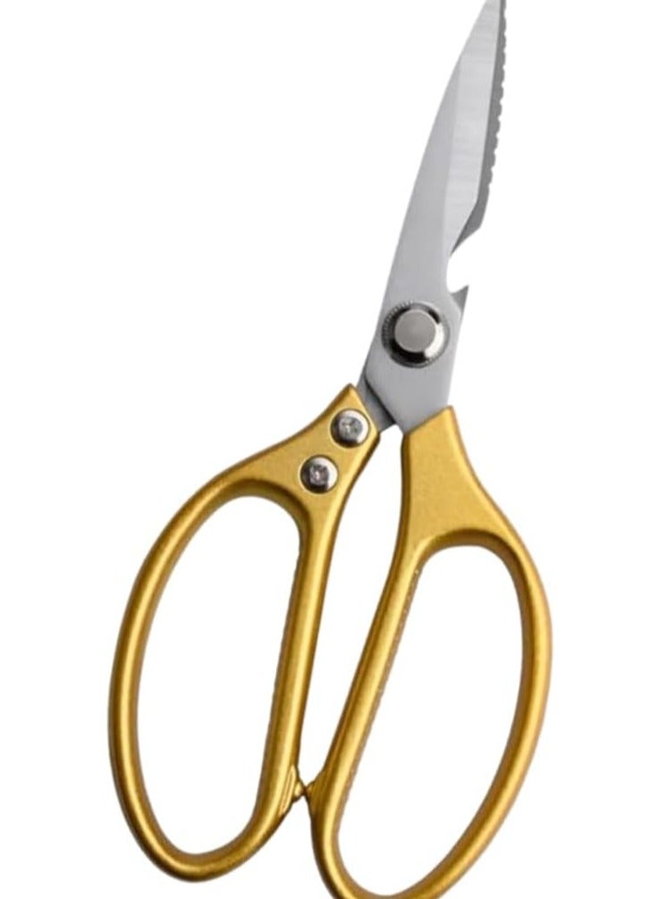 مقص مطبخ فاخر من الستانلس ستيل، مقص دواجن شديد التحمل للحوم والدجاج والمأكولات البحرية والخضروات والاعشاب والشواء، اداة مطبخ متعددة الوظائف مع فتاحة زجاجات (ذهبي) - Image 1