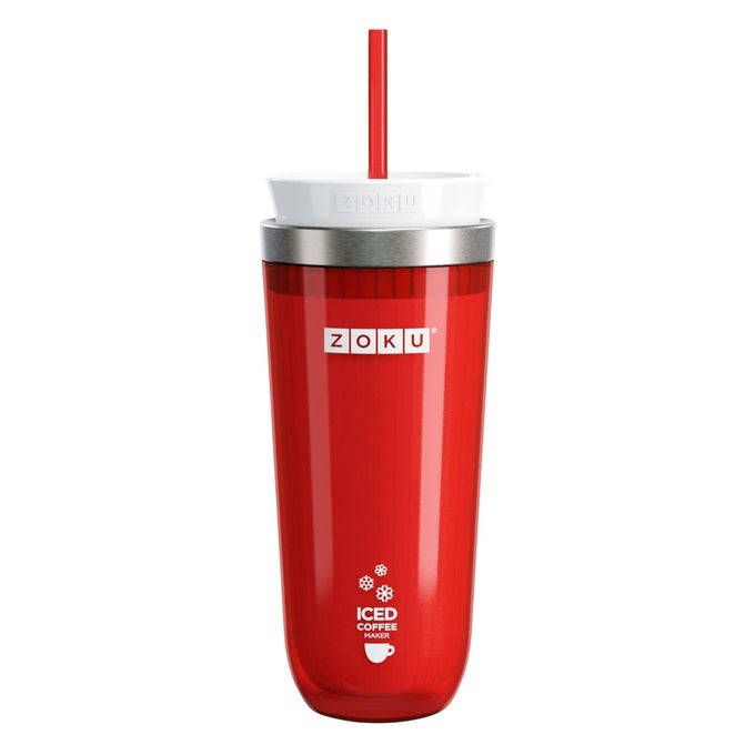 INSTANT ICED COFFEE MAKER REUSABLE BEVERAGE CHILLER COOLS HOT BEVERAGES IN MINUTES WITHOUT DILUTION PORTABLE 11OUNCE TUMBLER WITH SPILLRESISTANT LID AND STRAW RED