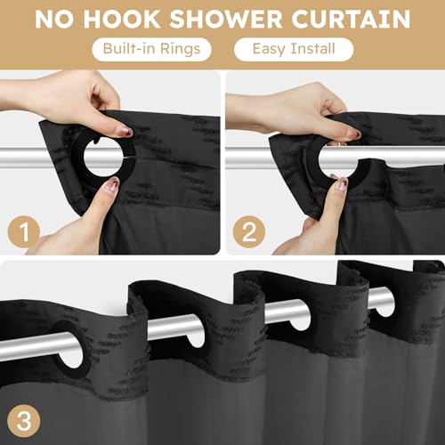 FADOTY No Hook Shower Curtain and Liner Set Black Snap in Shower Curtain Ringless Chevron Tufted Cloth Waterproof Washable Fabric Bath Curtain with See Through Top Window for Bathroom Hotel 71 x 74 - Image 3