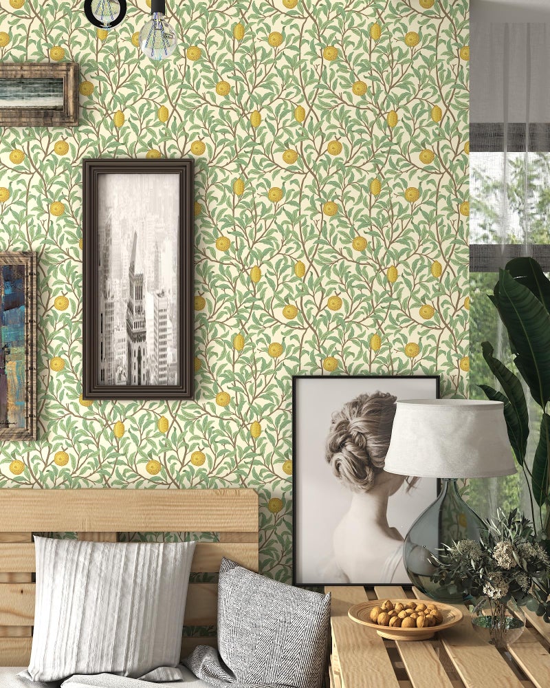 OSECAGE Lemon Wallpaper Leaf Peel and Stick Wallpaper Beige and Green 17.3"X78.8" Self Adhesive Wall Paper Removable Decorative Wallpapers Boho Contact Paper for Bedroom Bathroom Cabinets Decor Vinyl Roll - Image 2