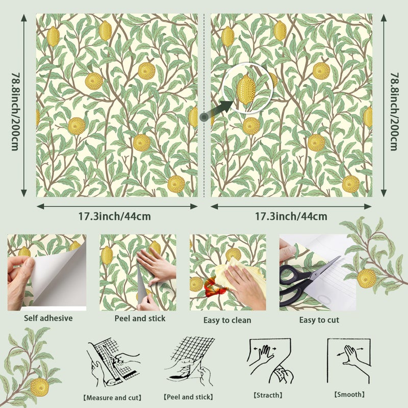 OSECAGE Lemon Wallpaper Leaf Peel and Stick Wallpaper Beige and Green 17.3"X78.8" Self Adhesive Wall Paper Removable Decorative Wallpapers Boho Contact Paper for Bedroom Bathroom Cabinets Decor Vinyl Roll - Image 3