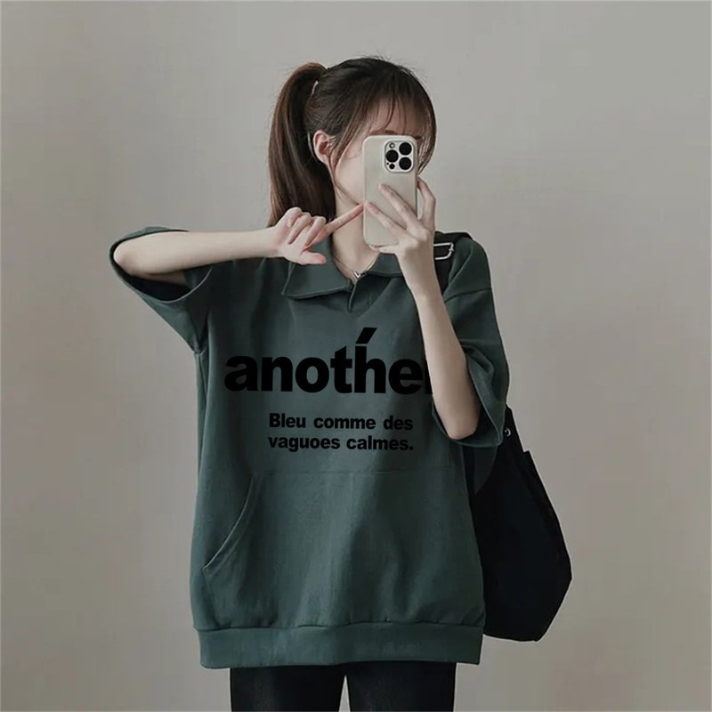 Factory Short-Sleeved T-Shirt Women'S 2024 Korean Polo Collar Harajuku Style Top Texture Loose Slim Large - Image 1