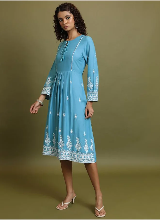 Vishudh Floral Embroidered Midi Dress with Tie-Up Neck by Styli