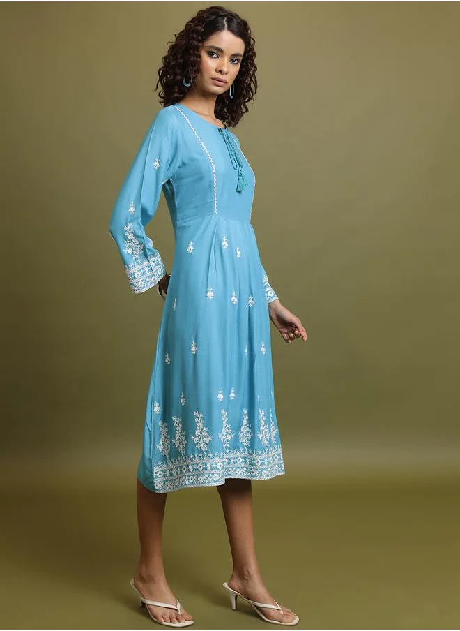 Vishudh Floral Embroidered Midi Dress with Tie-Up Neck by Styli