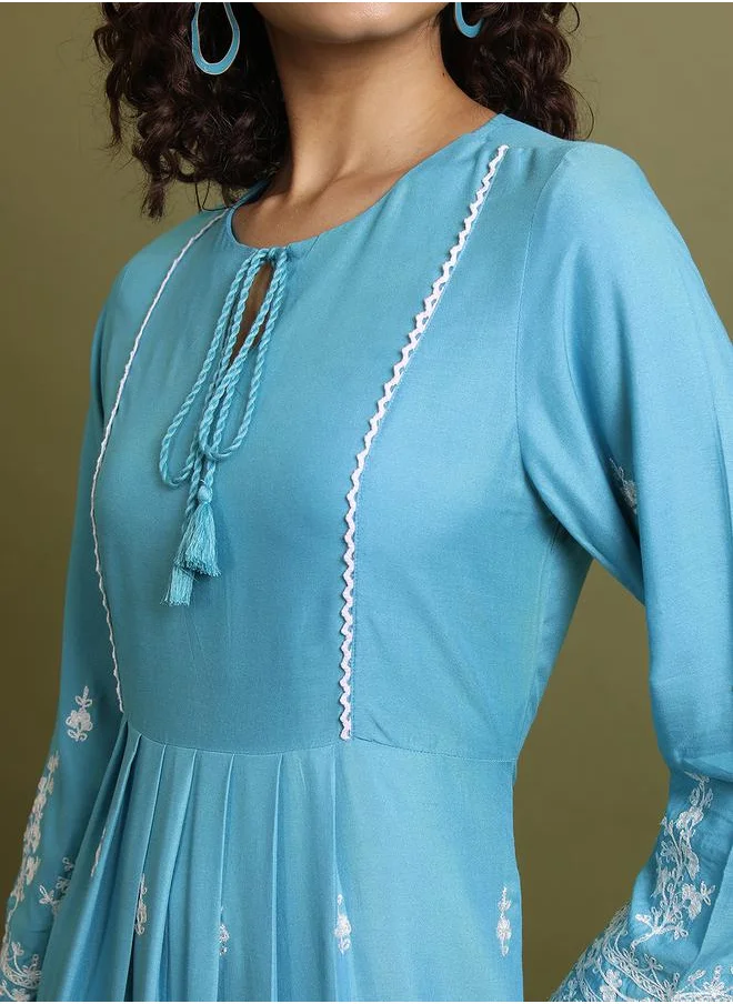Vishudh Floral Embroidered Midi Dress with Tie-Up Neck by Styli
