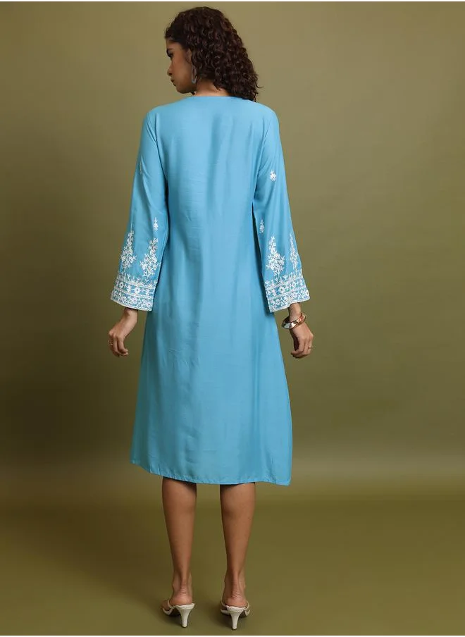 Vishudh Floral Embroidered Midi Dress with Tie-Up Neck by Styli