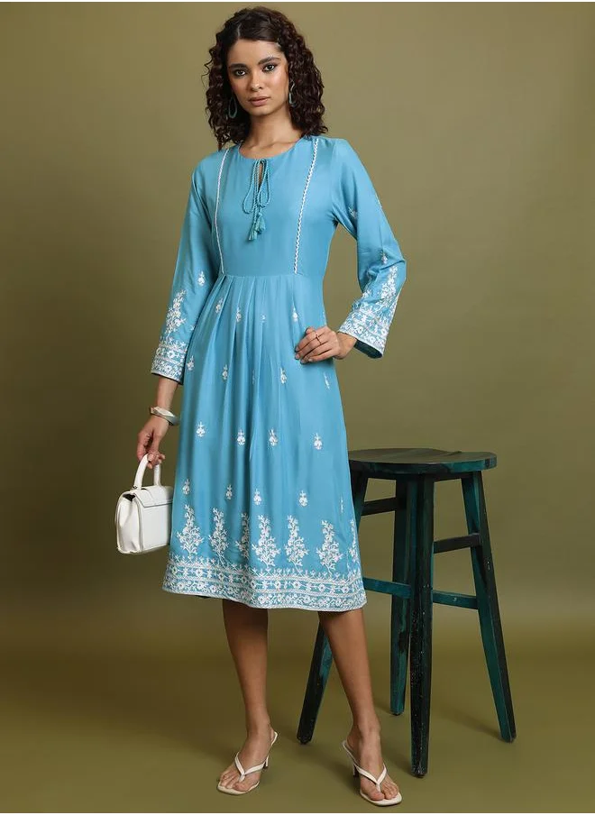 Vishudh Floral Embroidered Midi Dress with Tie-Up Neck by Styli
