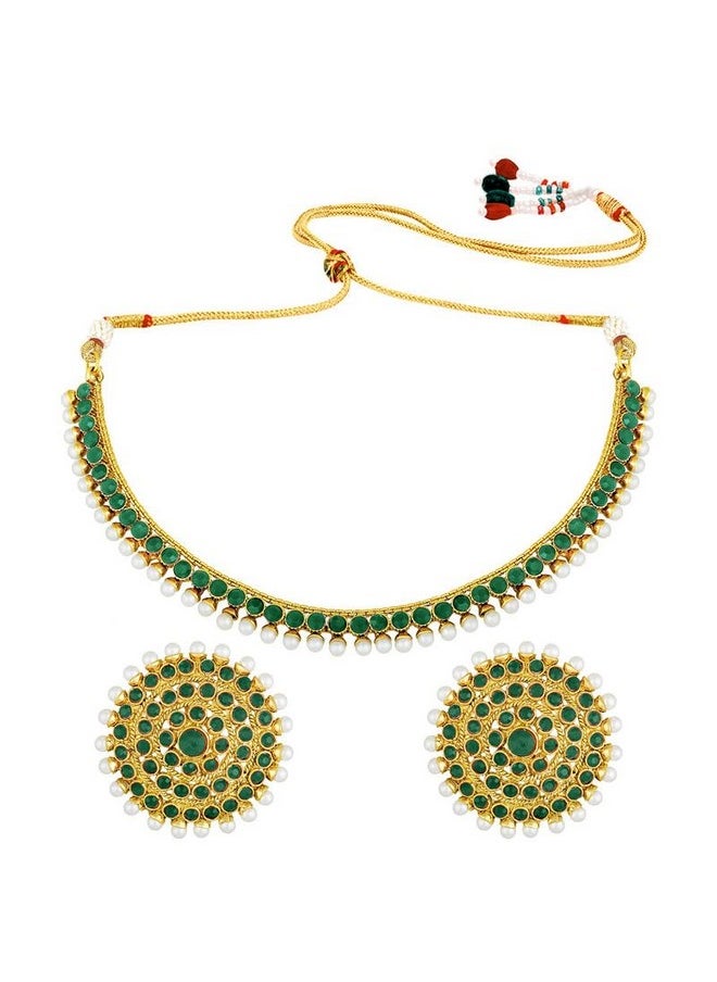 Aheli - Bollywood Fashion Faux Stone Wedding Necklace Big Earrings Indian Fashion Jewelry Set For Women (Green) - Image 1