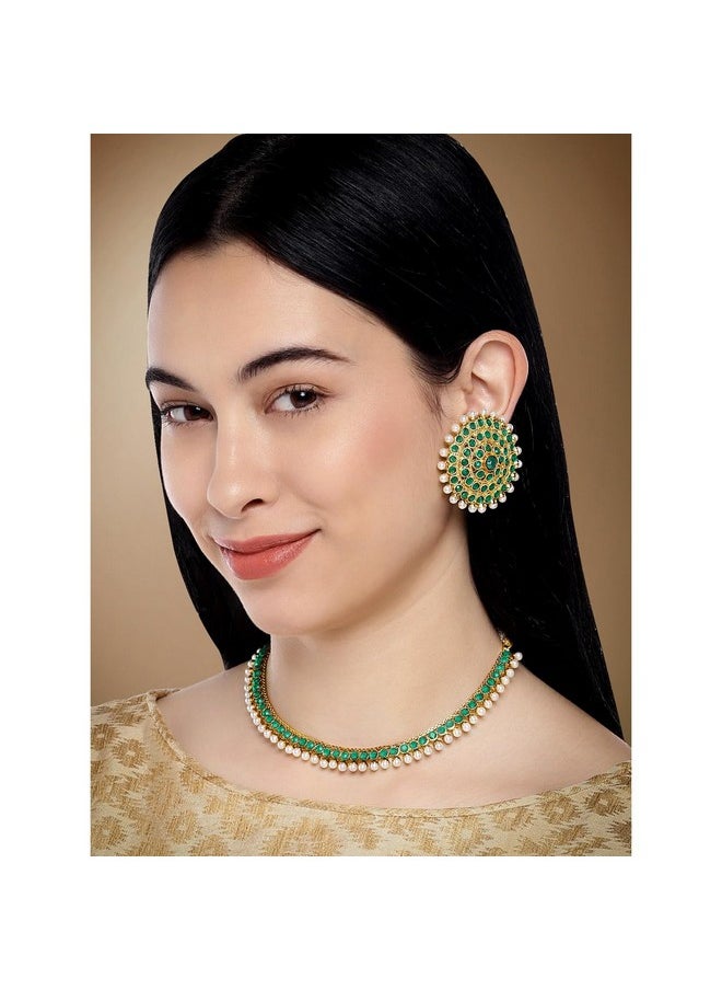 Aheli - Bollywood Fashion Faux Stone Wedding Necklace Big Earrings Indian Fashion Jewelry Set For Women (Green) - Image 1