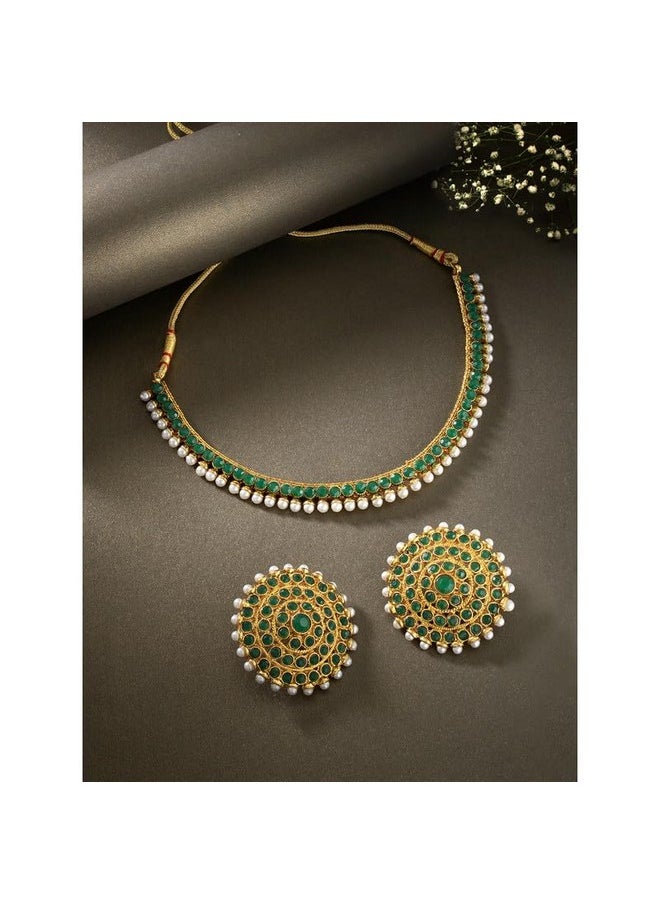 Aheli - Bollywood Fashion Faux Stone Wedding Necklace Big Earrings Indian Fashion Jewelry Set For Women (Green) - Image 1
