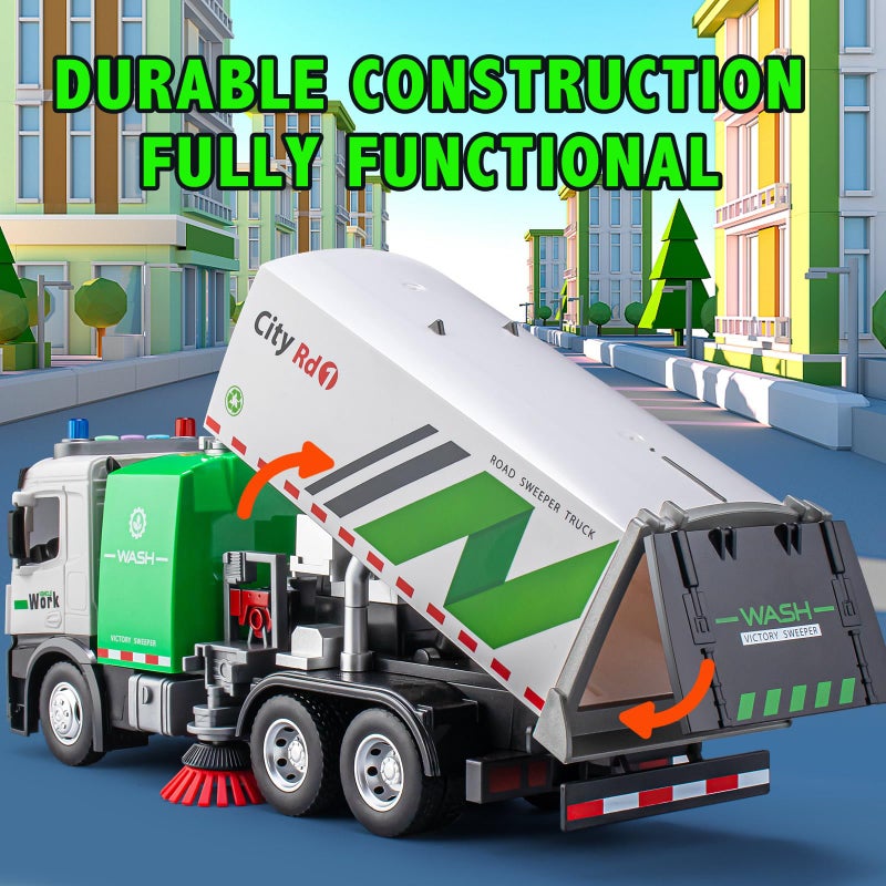 TAKGUD Street Sweeper Truck with Openable Doors 115 Big Trash Truck with Lights and Sounds Friction Powered Garbage Toys Gift for Boys Girls Kids - Image 3