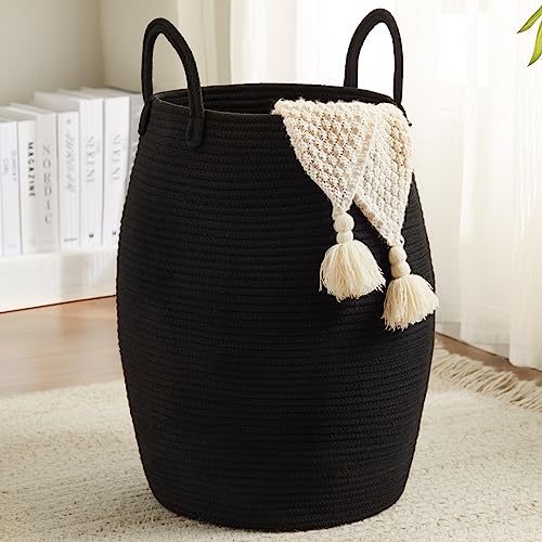 Fiona's magic Cotton Rope Laundry Hamper Basket 65L Woven Large Laundry Basket Tall Dirty Clothes Hamper for Storage Blankets Toys in Bedroom Living Room OrganizingCollapsibleBlack - Image 1