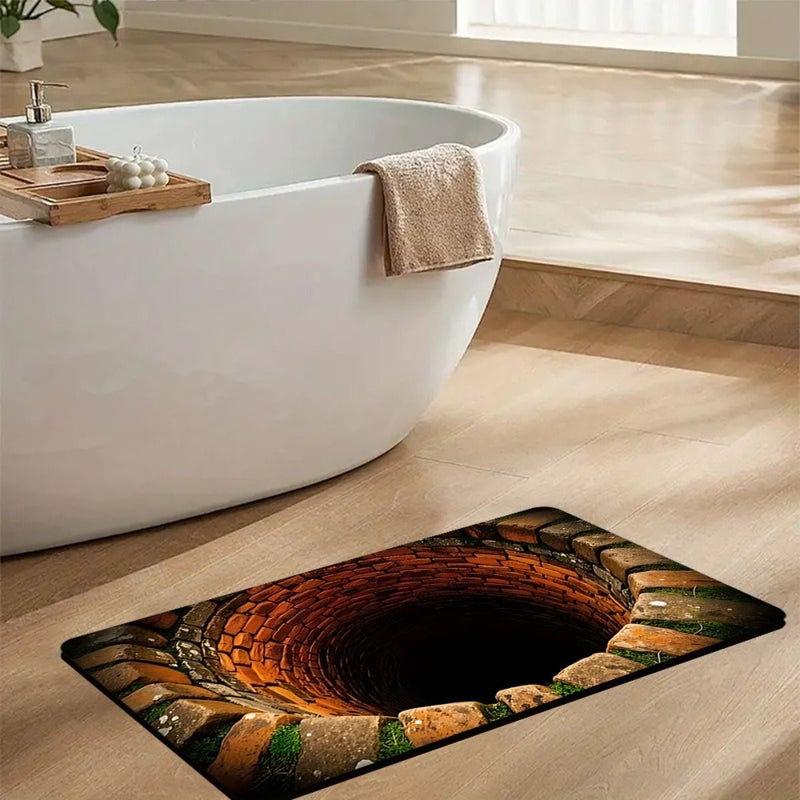 3D Optical Illusion Non Slip Bathroom Rug 40x80cm Soft Flannel Mat Endless Abyss Red Brick Stone Trap Pattern Thick Cushioned Vintage Country Style For Doorway Farm Entrance - Image 4