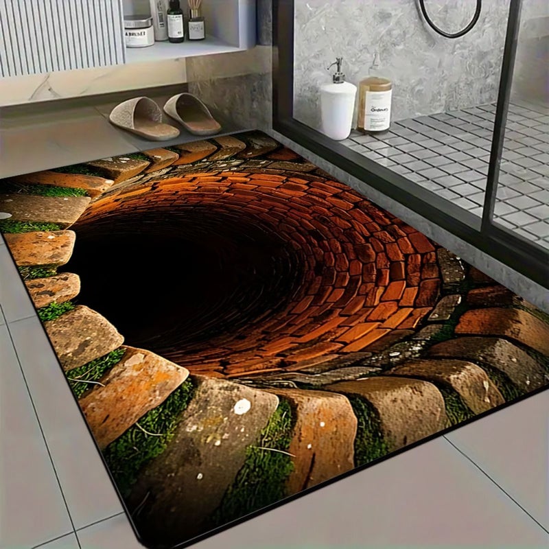 3D Optical Illusion Non Slip Bathroom Rug 40x80cm Soft Flannel Mat Endless Abyss Red Brick Stone Trap Pattern Thick Cushioned Vintage Country Style For Doorway Farm Entrance - Image 1