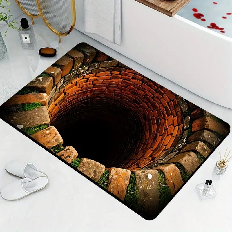 3D Optical Illusion Non Slip Bathroom Rug 40x80cm Soft Flannel Mat Endless Abyss Red Brick Stone Trap Pattern Thick Cushioned Vintage Country Style For Doorway Farm Entrance - Image 5