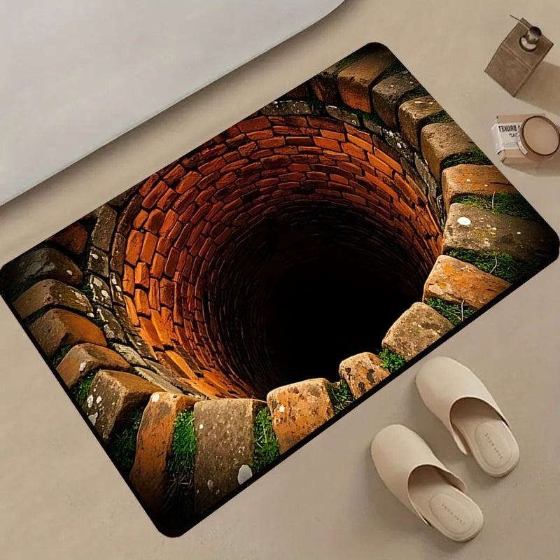 3D Optical Illusion Non Slip Bathroom Rug 40x80cm Soft Flannel Mat Endless Abyss Red Brick Stone Trap Pattern Thick Cushioned Vintage Country Style For Doorway Farm Entrance - Image 2