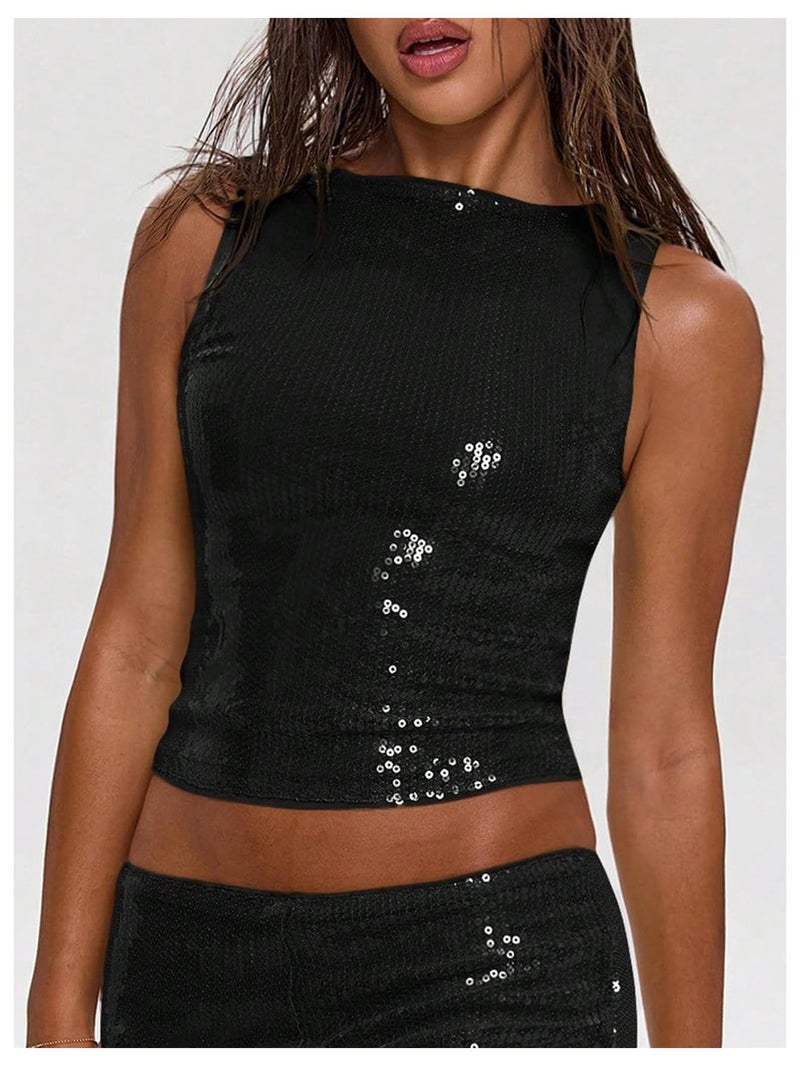 MakeMeChic Women's Sparkly Sequin Tops Y2k Sleeveless Crop Going Out Rave Tops Clubwear Black Medium - Image 3