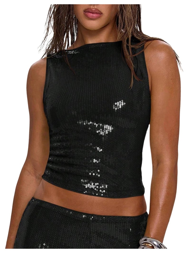 MakeMeChic Women's Sparkly Sequin Tops Y2k Sleeveless Crop Going Out Rave Tops Clubwear Black Medium - Image 1