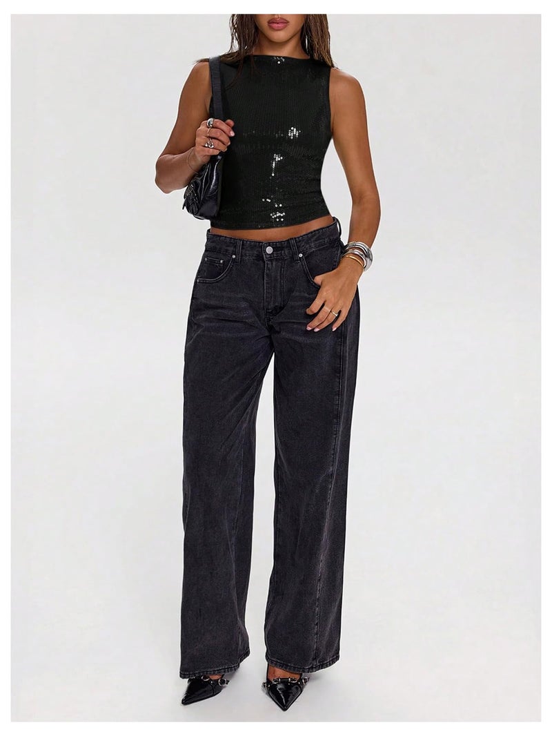 MakeMeChic Women's Sparkly Sequin Tops Y2k Sleeveless Crop Going Out Rave Tops Clubwear Black Medium - Image 5