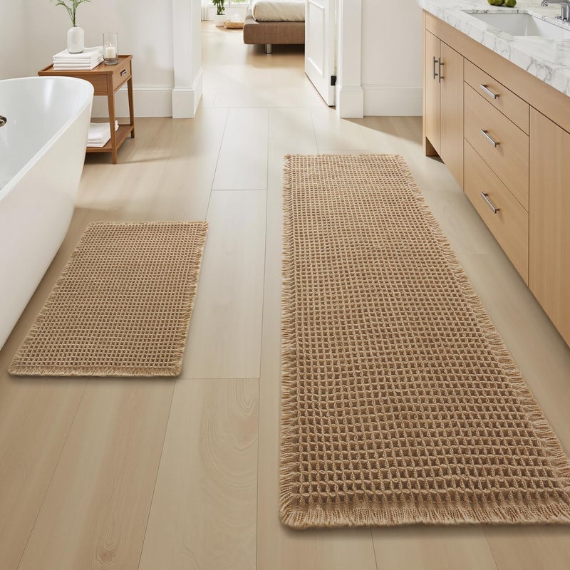 AMOAMI Upgraded Waffle Bath Mat Set of 2, Super Absorbent Non Slip Bath Mats for Bathroom Floor, Machine Washable Boho Bathroom Rugs Set 2 Piece with Tassels, Soft Bathroom Mat Set, 17" x 24" Plus 17" x 48" - Image 1