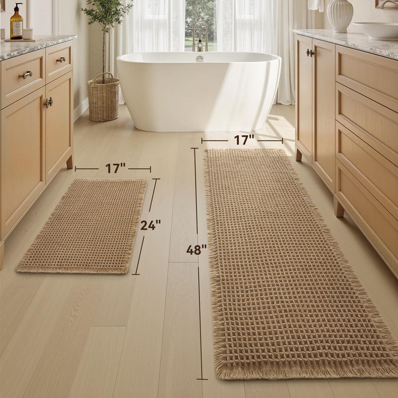 AMOAMI Upgraded Waffle Bath Mat Set of 2, Super Absorbent Non Slip Bath Mats for Bathroom Floor, Machine Washable Boho Bathroom Rugs Set 2 Piece with Tassels, Soft Bathroom Mat Set, 17" x 24" Plus 17" x 48" - Image 2