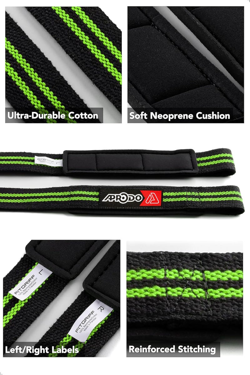 APRODO Weight Lifting Straps + Wrist Protector for Weightlifting, Bodybuilding, MMA, Powerlifting, Strength Training ~ Men & Women (BLACK AND GREEN) - Image 2