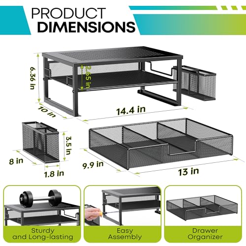 MINDEPOT 2 Tier Computer Monitor Stands with Drawer and 2 Pencil Holder Metal Monitor Stand Office Desk Accessories Workspace Desktop Organizers for Office Supplies Black - Image 3