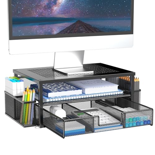 MINDEPOT 2 Tier Computer Monitor Stands with Drawer and 2 Pencil Holder Metal Monitor Stand Office Desk Accessories Workspace Desktop Organizers for Office Supplies Black - Image 1