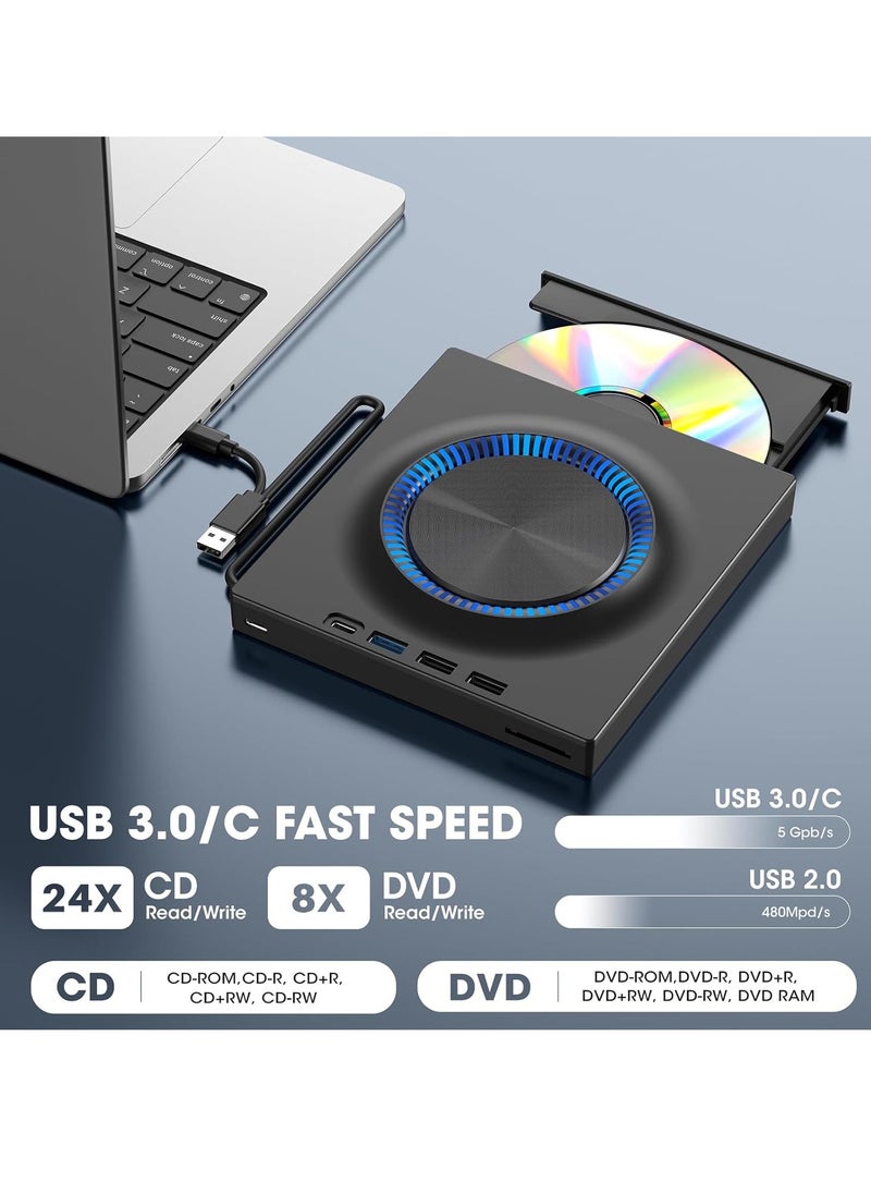 جنرال - محرك أقراص DVD خارجي ، ناسخ أقراص مضغوطة ، مشغل DVD مع محاور USB 3.0 و USB-C وقارئ بطاقة SD ، قرص DVD محمول ، محرك أقراص CD ROM + / - RW ، محرك أقراص مضغوطة محمول لأجهزة الكمبيوتر المحمولة وأجهزة Mac - Image 1