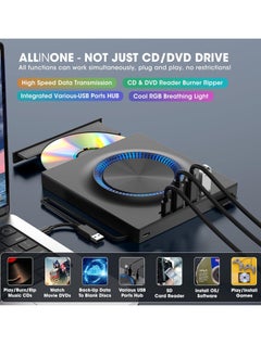 جنرال محرك أقراص DVD خارجي ، ناسخ أقراص مضغوطة ، مشغل DVD مع محاور USB 3.0 و USB-C وقارئ بطاقة SD ، قرص DVD محمول ، محرك أقراص CD ROM + / - RW ، محرك أقراص مضغوطة محمول لأجهزة الكمبيوتر المحمولة وأجهزة Mac  - Image 2