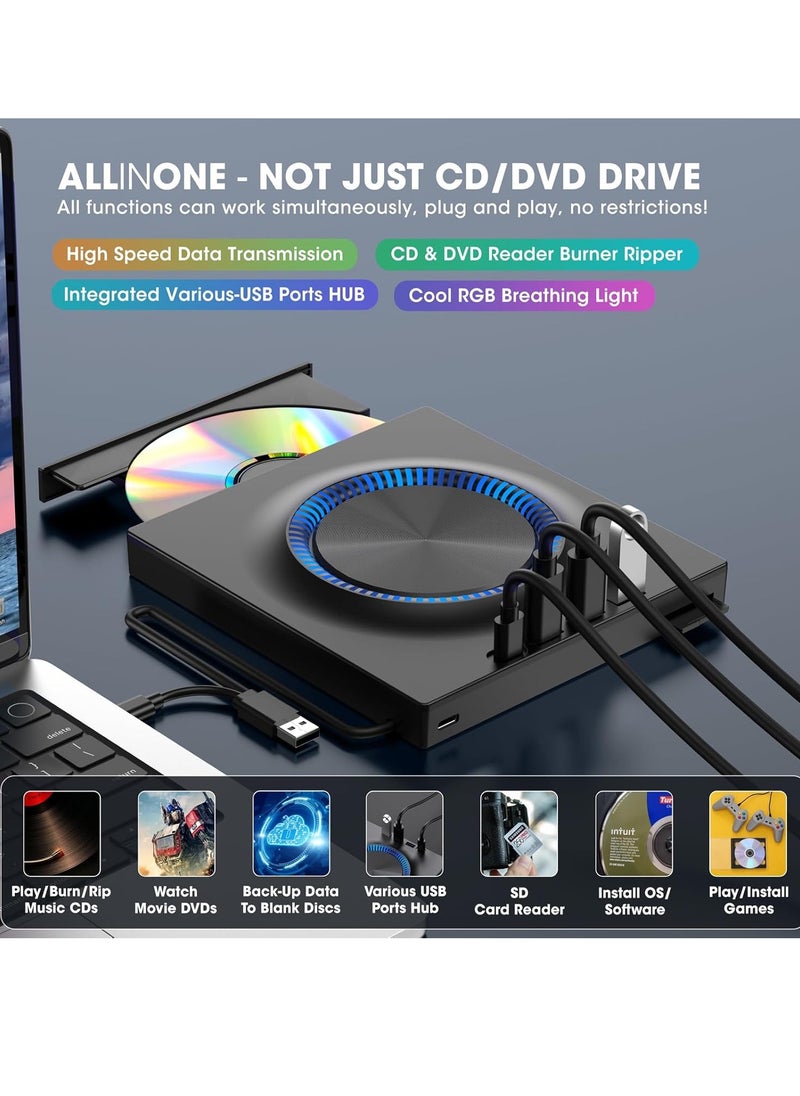 جنرال - محرك أقراص DVD خارجي ، ناسخ أقراص مضغوطة ، مشغل DVD مع محاور USB 3.0 و USB-C وقارئ بطاقة SD ، قرص DVD محمول ، محرك أقراص CD ROM + / - RW ، محرك أقراص مضغوطة محمول لأجهزة الكمبيوتر المحمولة وأجهزة Mac - Image 1