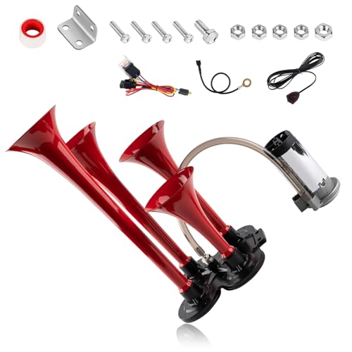 OVANOH 150db 12V Train Horn Kit，Red 4 Speakers， Air Horn With Compressor Compatible For Trucks Cars Semi Trailers Pickup Motorhome SUV Truck Train And Other Vehicles， Ultra Loud BD - Image 1