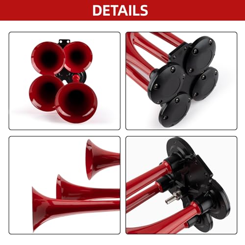 OVANOH 150db 12V Train Horn Kit，Red 4 Speakers， Air Horn With Compressor Compatible For Trucks Cars Semi Trailers Pickup Motorhome SUV Truck Train And Other Vehicles， Ultra Loud BD - Image 2