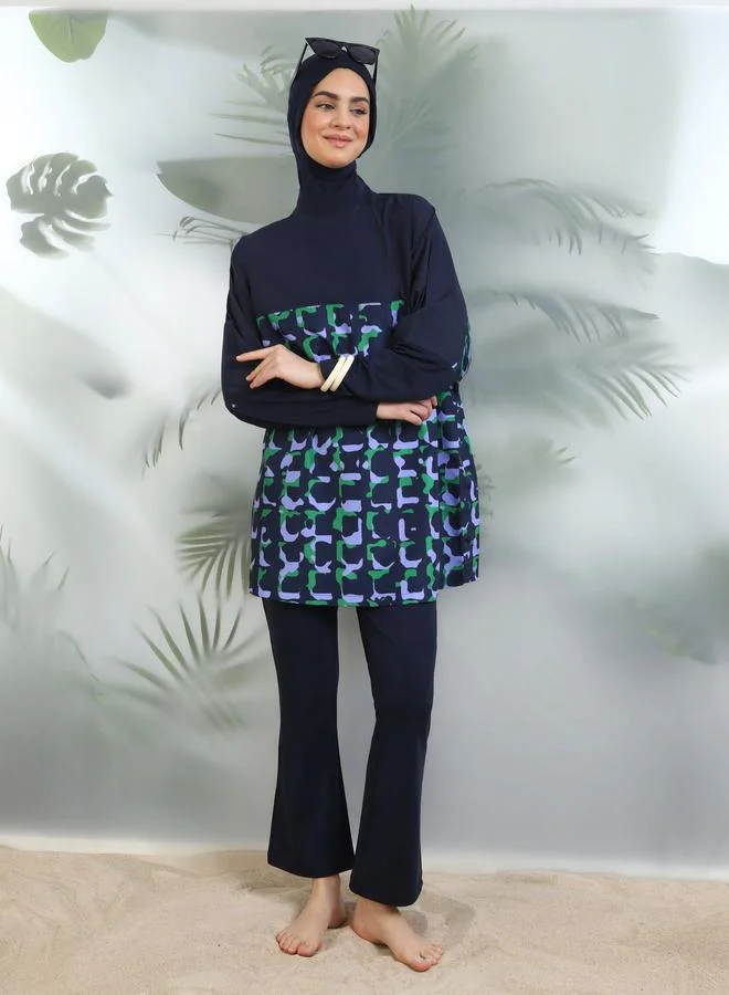 Mayo Bella by Modanisa Mayo Bella by modanisa Navy Blue Printed Burkini Set