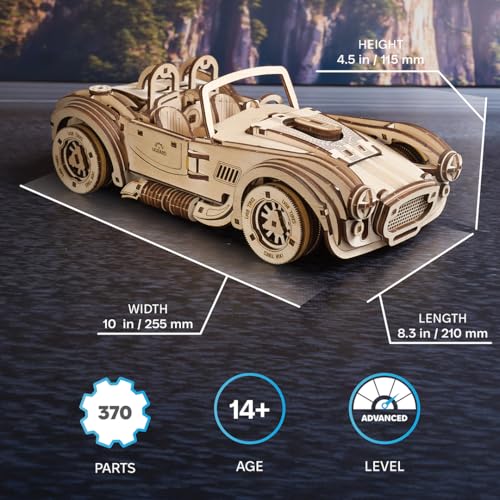 UGEARS Drift Cobra Racing Car Puzzle Wooden 3D Puzzles for Adults to Build with Powerful Spring Motor Wood Mechanical Models Building Kit Retro Hobbies for Men 370 Pcs - Image 5
