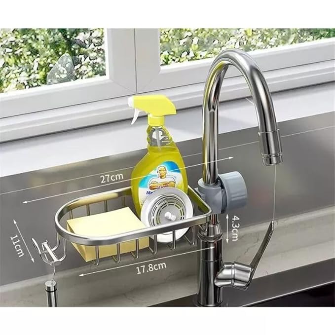 PIKFOS PIKFOS Hanging Faucet Drain Rack Multipurpose Space Saving Keep Sink Organized Aluminum Faucet Sponge Holder Bathroom Shelf Liquid Dispenser Bathroom Storage for Shampoo Silver - Image 3